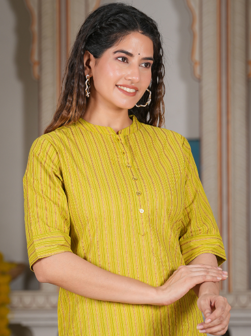 womens cotton stripe gold printed straight kurta green