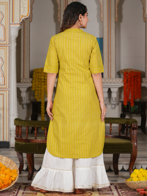 womens cotton stripe gold printed straight kurta green