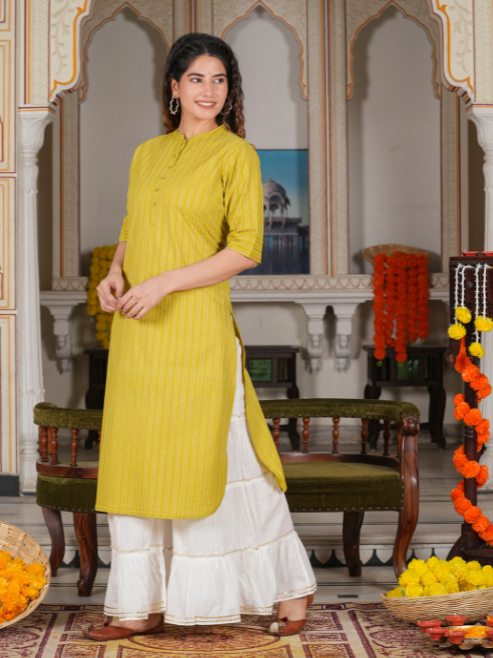 womens cotton stripe gold printed straight kurta green
