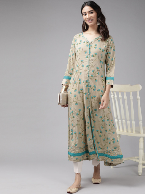Rayon Floral Printed Anarkali Kurta (Khaki)