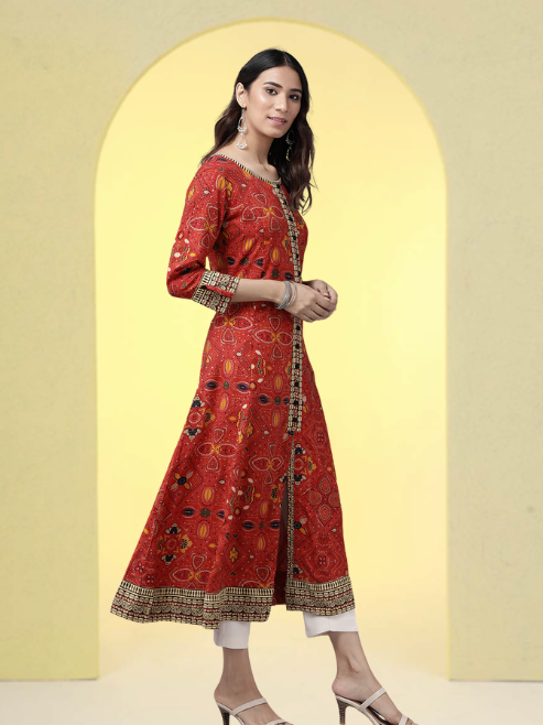 Rayon Bandhej Printed Anarkali Kurta (Red)