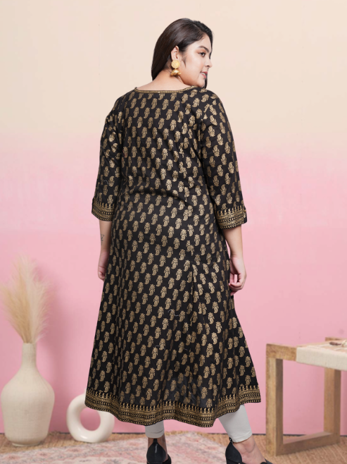 Cotton Gold Print Anarkali Kurta (Black)