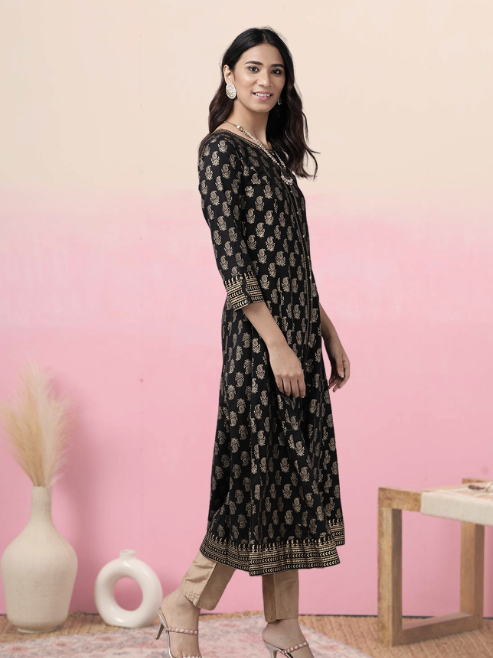 Cotton Gold Print Anarkali Kurta (Black)