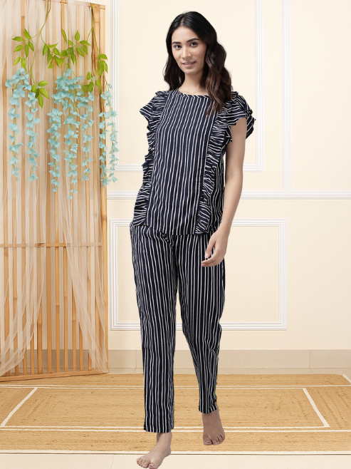 Fashion Plus Store Women's Rayon Striped Print Flare Short Sleeve Round Neck Night Suit Pajama Set
