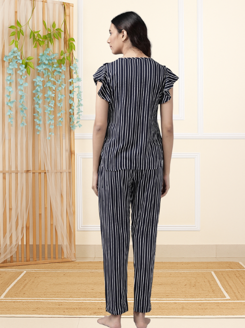 Fashion Plus Store Women's Rayon Striped Print Flare Short Sleeve Round Neck Night Suit Pajama Set