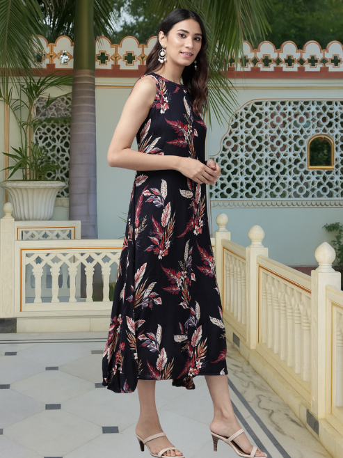Fashion Plus Store Women's Hot Neck Floral Print A-line Dress(Blue)