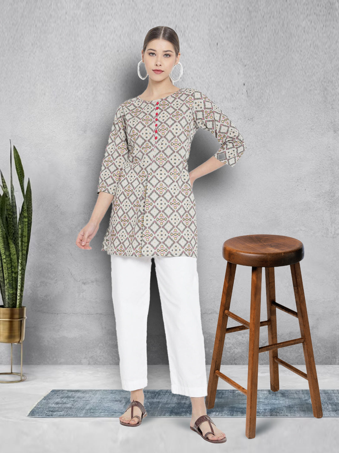 Cotton Geomatrical Printed Short Kurti (Multi)