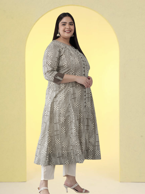 Fashion Plus Store Plus Size Cotton Geomatrical Printed Anarkali Kurti