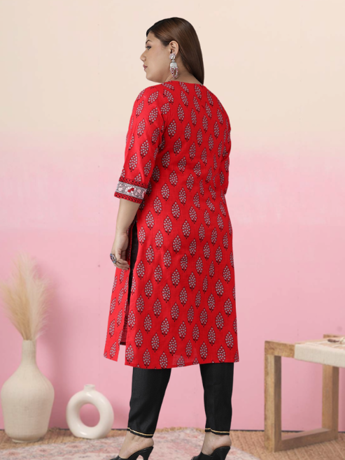 Fashion Plus Store Women's Plus Size Cotton Slub Floral printed Straight Kurti (Red)