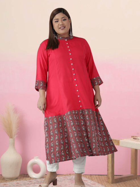 Plus Size Rayon Floral Border Printed Anarkali Kurti (Pink)
