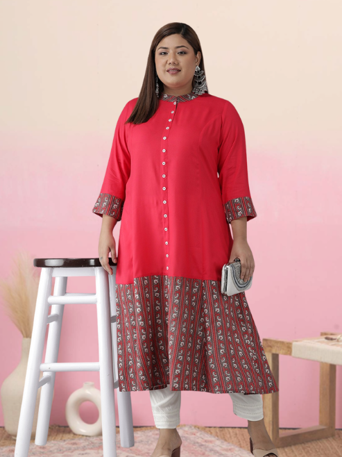 Plus Size Rayon Floral Border Printed Anarkali Kurti (Pink)