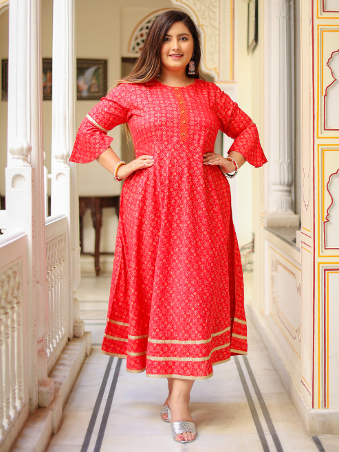 Fashion Plus Store Women's Floral Printed Anarkali Kurti(Pink)