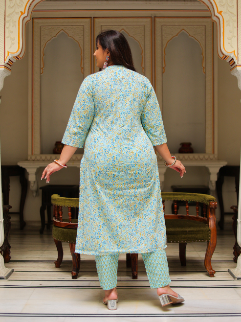 womens embroidered floral printed straight kurta with pant and dupatta green