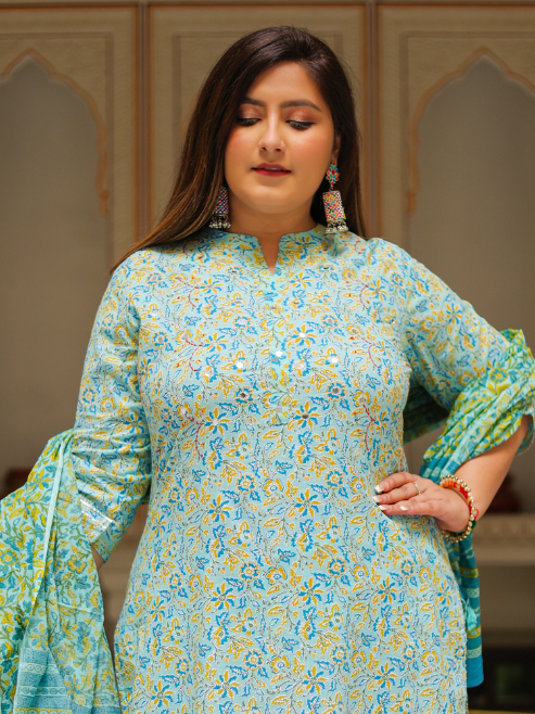 womens embroidered floral printed straight kurta with pant and dupatta green
