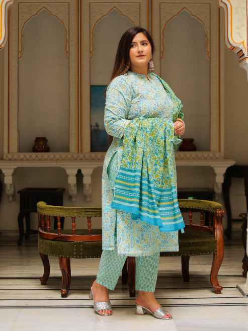 womens embroidered floral printed straight kurta with pant and dupatta green