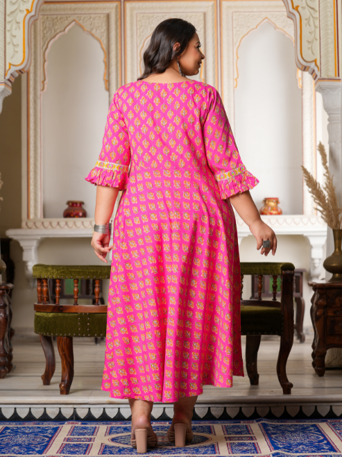 womens floral printed anarkali kurti pink