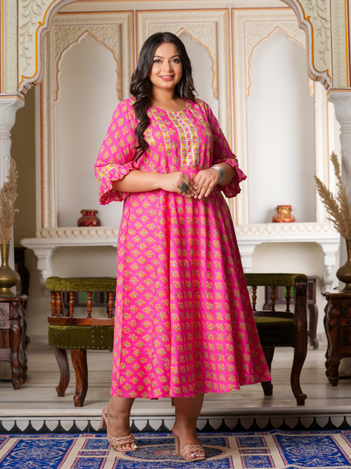 womens floral printed anarkali kurti pink