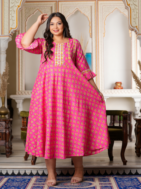 womens floral printed anarkali kurti pink