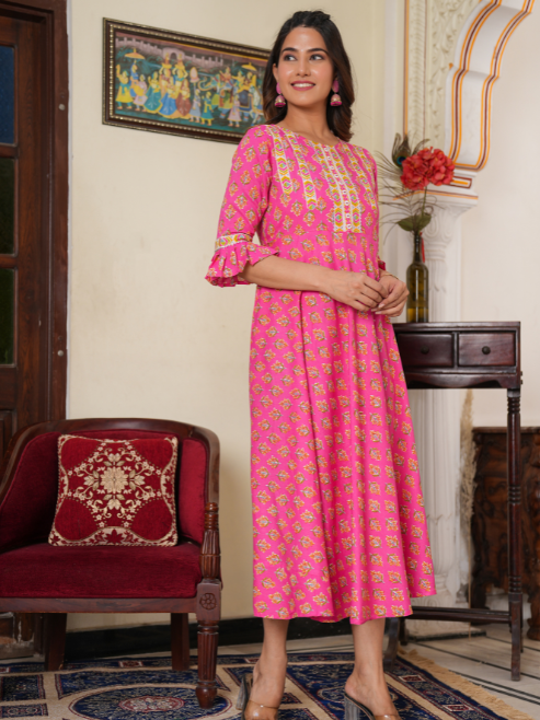 womens floral printed anarkali kurti pink