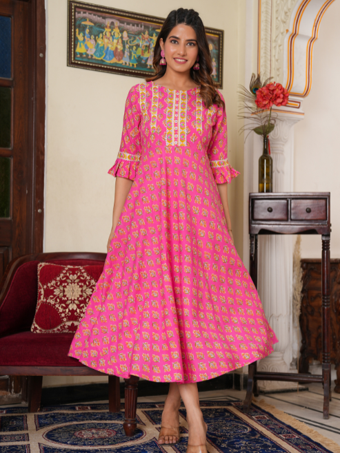 womens floral printed anarkali kurti pink