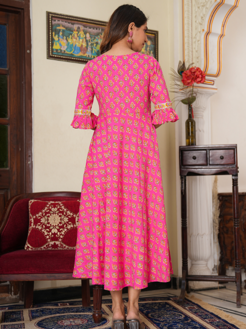 womens floral printed anarkali kurti pink