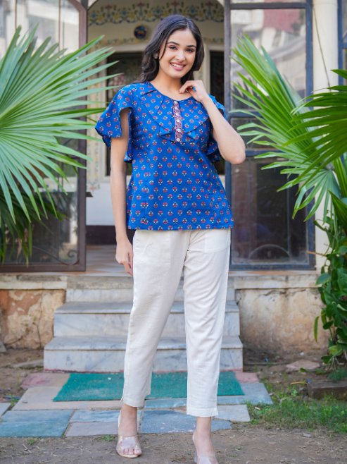 Fashion Plus Store Women's Blue Cotton Floral Printed Top