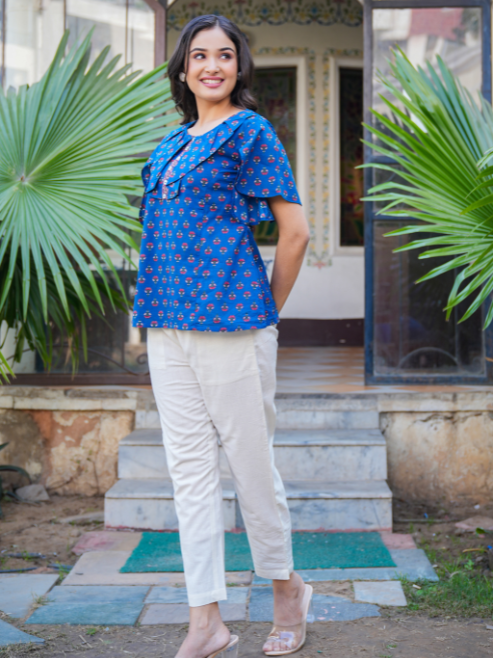 Fashion Plus Store Women's Blue Cotton Floral Printed Top