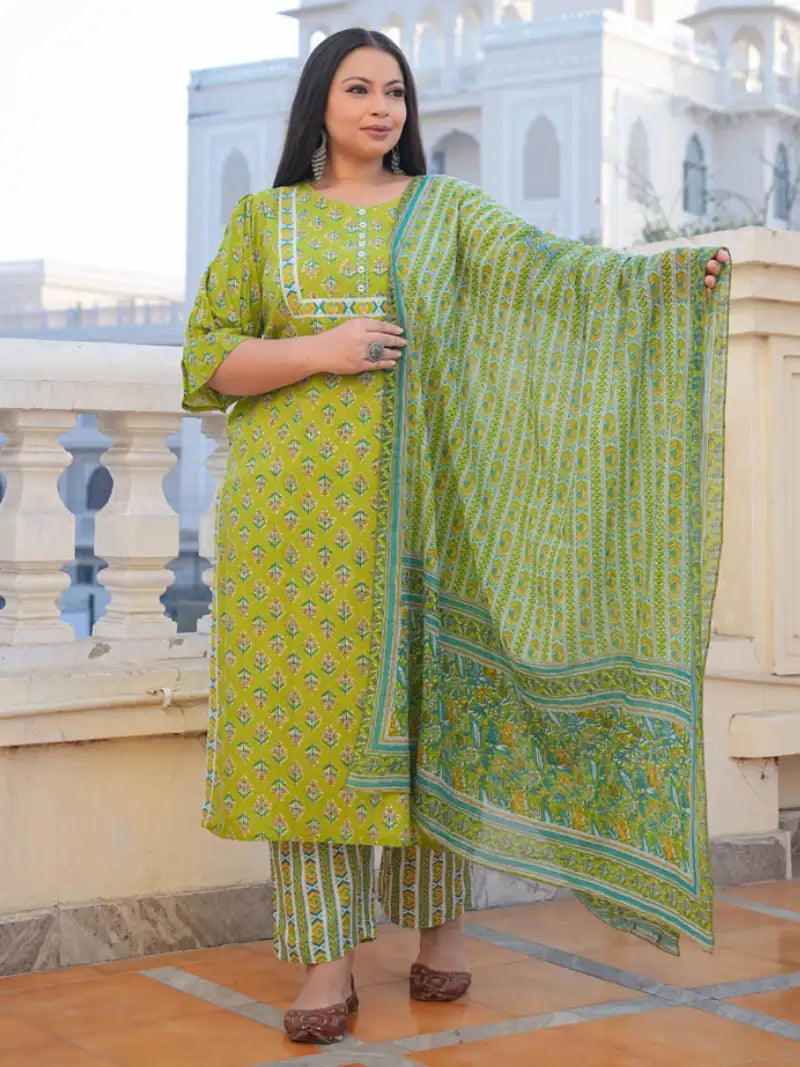 Floral Printed Straight Kurta with Pant & Dupatta Set