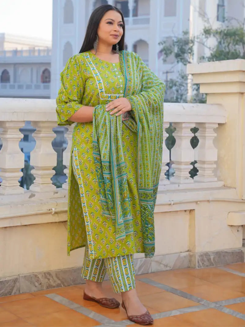 Floral Printed Straight Kurta with Pant & Dupatta Set