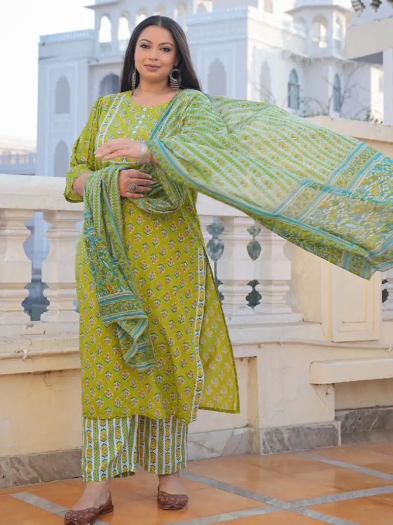Floral Printed Straight Kurta with Pant & Dupatta Set