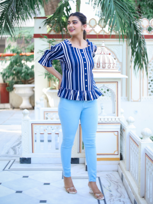 Fashion Plus Store Women's Stripe Printed Ruffle Top (Blue)
