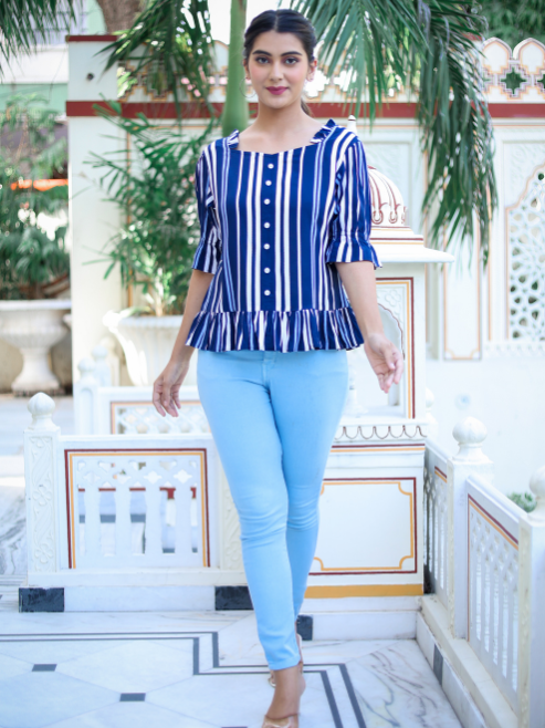 Fashion Plus Store Women's Stripe Printed Ruffle Top (Blue)