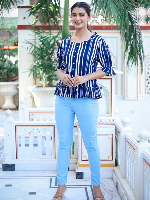 Fashion Plus Store Women's Stripe Printed Ruffle Top (Blue)