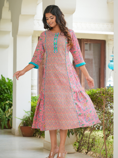 womens embroidered floral printed a line kurta pink