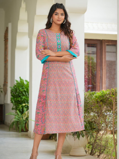 Fashion Plus Store Women's Embroidered Floral Printed A-line Kurta (Pink)