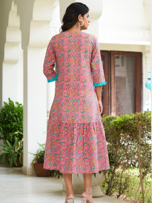 Fashion Plus Store Women's Embroidered Floral Printed A-line Kurta (Pink)