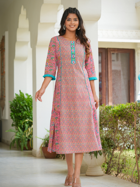 womens embroidered floral printed a line kurta pink