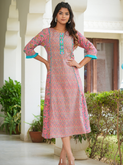 womens embroidered floral printed a line kurta pink