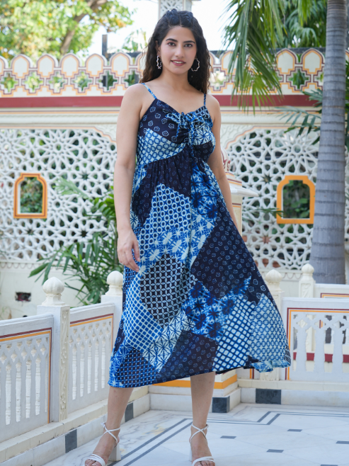 Fashion Plus Store Women's Indigo Patch Printed Dress