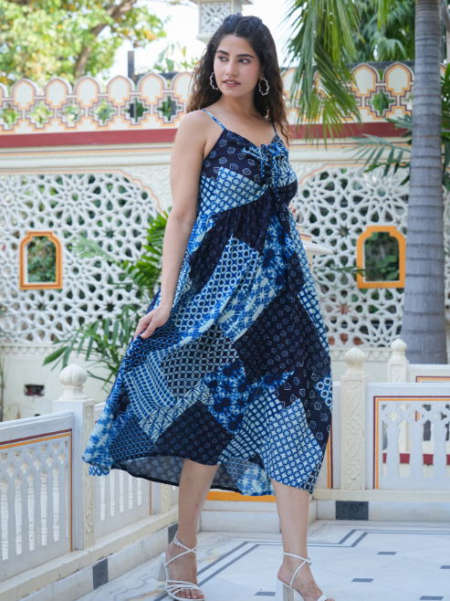 Fashion Plus Store Women's Indigo Patch Printed Dress