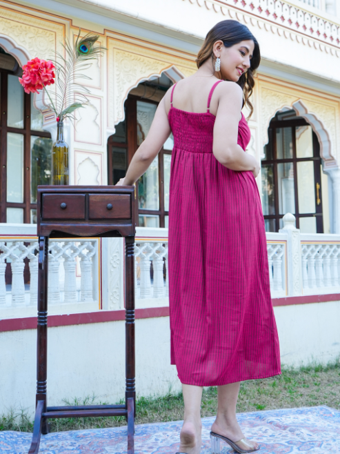 Fashion Plus Store Women's Maroon Stripe Printed Dress
