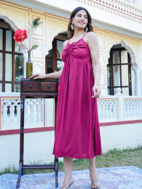 Fashion Plus Store Women's Maroon Stripe Printed Dress