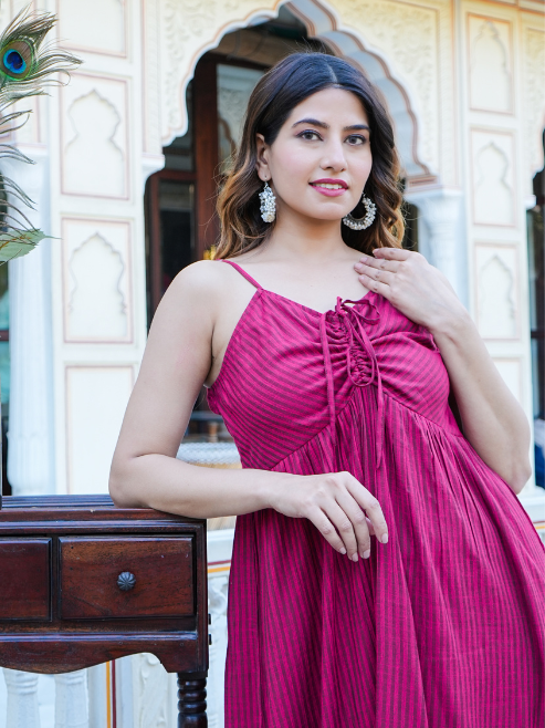 Fashion Plus Store Women's Maroon Stripe Printed Dress