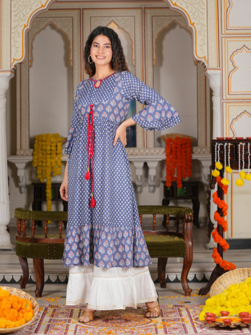 womens grey floral printed anarkali kurti grey