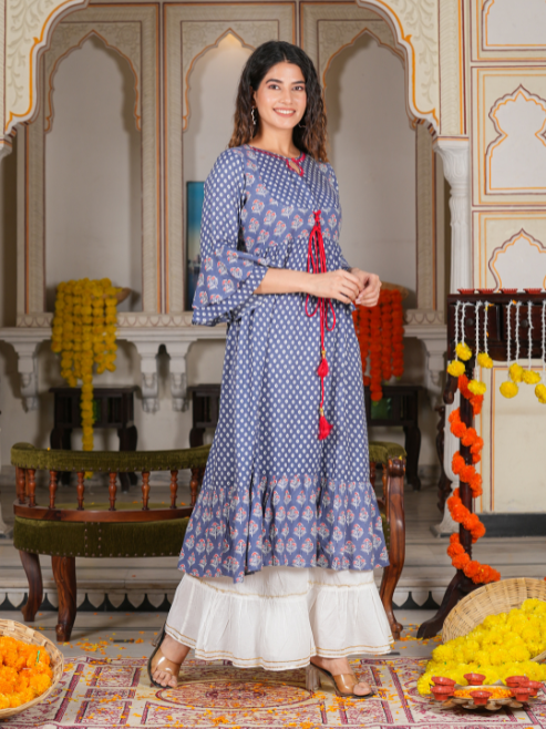 womens grey floral printed anarkali kurti grey