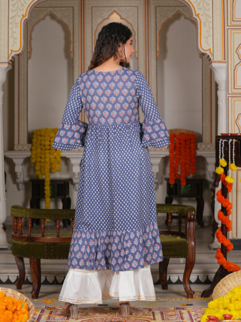 womens grey floral printed anarkali kurti grey