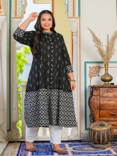 Cotton Ikat Printed A-line Kurta