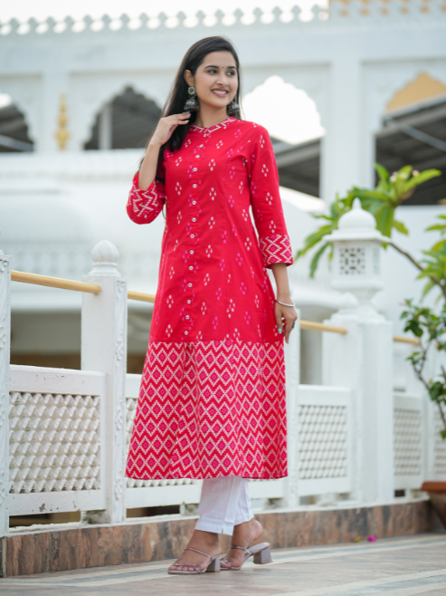 Cotton Ikat Printed A-line Kurta
