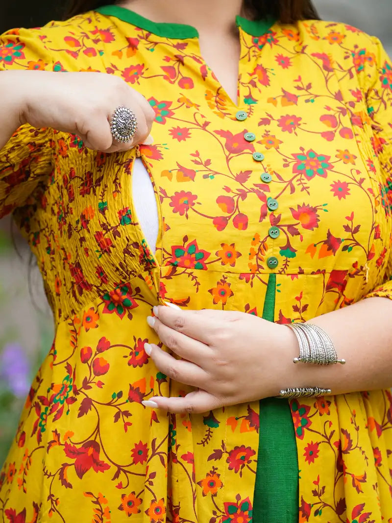 Stretchable Maternity Wear Floral Printed Anarkali Dress