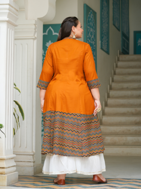 Rayon & Cotton Cambric Zig-Zag Printed A-line Kurta